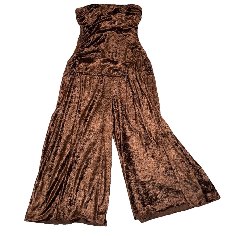 Vintage Hot Kiss Brown Crushed Velvet Halter Strapless Jumpsuit Medium 90s Y2K